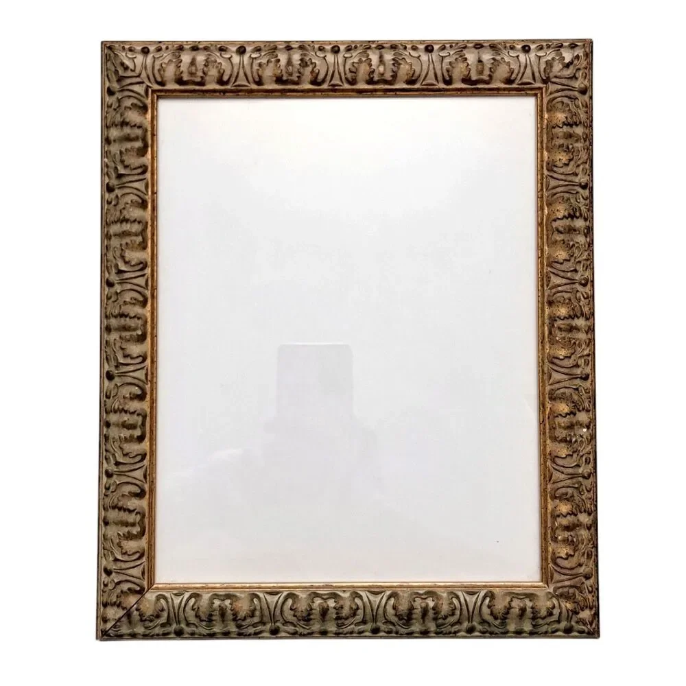 Vintage Wooden Ornate Rococo Photo Frame Gray Golden Tone 11.5 x 9.5 Inch